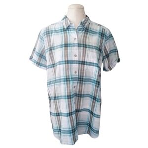 Eddie Bauer Plaid Packable Boyfriend Button Down Shirt Short Sleeve Blue Large